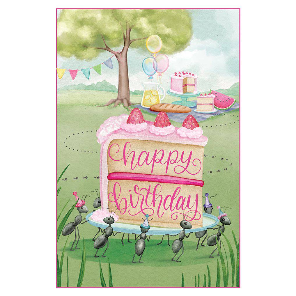Pictura picnic birthday card featuring cheerful outdoor picnic scene with colorful balloons and festive design.